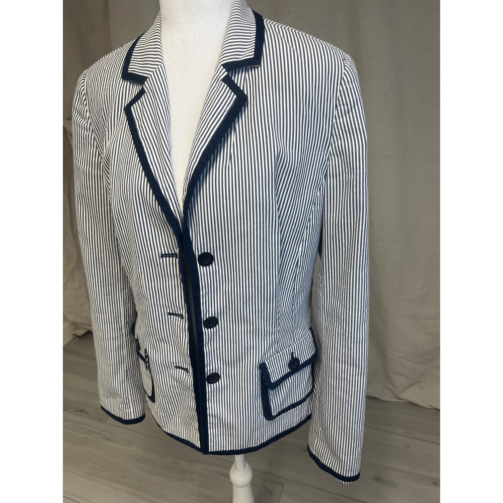 Peck & Peck Blazer Seersucker Striped Navy White Sz 8 Nautical Preppy Coastal - Picture 2 of 8